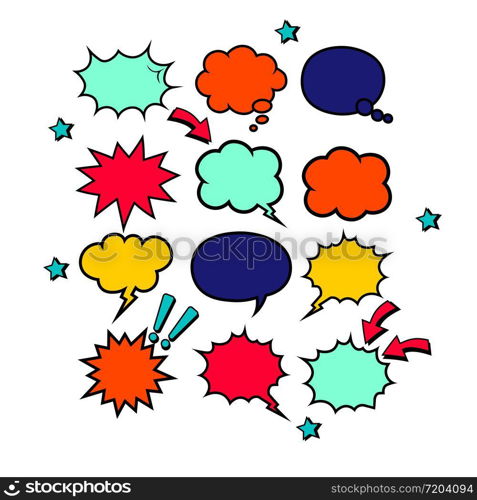 Retro empty comic bubbles in bright colors or speech and thought icon set on isolated white background. Pop art style, vintage design. EPS 10 vector. Retro empty comic bubbles in bright colors or speech and thought icon set on isolated white background. Pop art style, vintage design. EPS 10 vector.