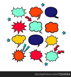Retro empty comic bubbles in bright colors or speech and thought icon set on isolated white background. Pop art style, vintage design. EPS 10 vector. Retro empty comic bubbles in bright colors or speech and thought icon set on isolated white background. Pop art style, vintage design. EPS 10 vector.
