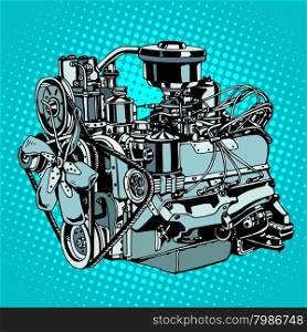 Retro engine motor pop art style. Diesel mechanism metal for machine. Retro engine motor