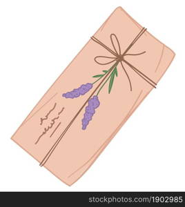 Retro envelope with decorative branch of flower and thread. Isolated vintage letter, gift with writings and bouquet twig. Handmade postcard or invitation on special event. Vector in flat style. Decorative letter with lavender floral branch