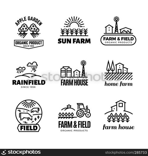 Retro farm and organic products vector emblems and logos. Vintage line farming labels. Emblem farm house, apple garden illustration. Retro farm and organic products vector emblems and logos. Vintage line farming labels