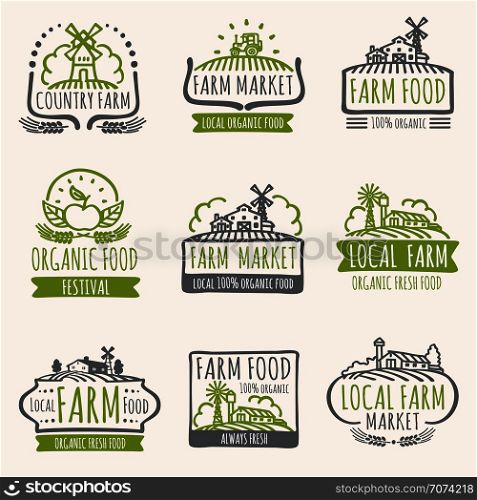 Retro farm market signs. Vintage fresh organic food vector labels with harvest field. Illustration of farm organic label for natural product. Retro farm market signs. Vintage fresh organic food vector labels with harvest field