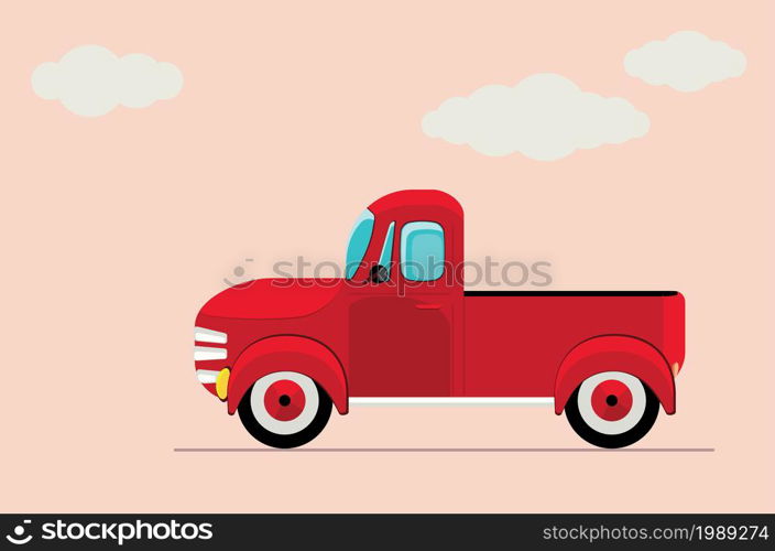 Retro farmer red pickup truck, vintage transport illustration.