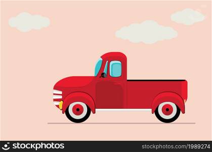 Retro farmer red pickup truck, vintage transport illustration.