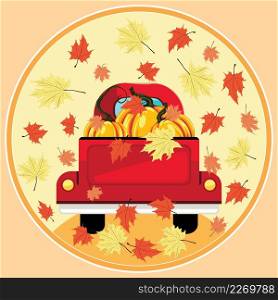 Retro farmer red pickup truck with pumpkins and autumn maple leaves, vintage transport illustration.