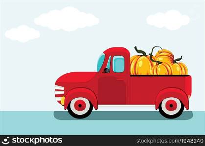 Retro farmer red pickup truck with pumpkins, vintage transport illustration.