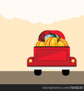 Retro farmer red pickup truck with pumpkins, vintage transport illustration.