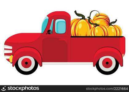 Retro farmer red pickup truck with pumpkins, vintage transport illustration.