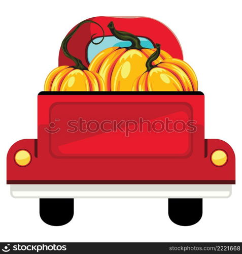 Retro farmer red pickup truck with pumpkins, vintage transport illustration.