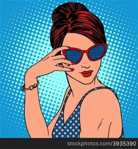 Retro fashion girl in sunglasses. Beautiful woman at the resort pop art style. Retro fashion girl in sunglasses