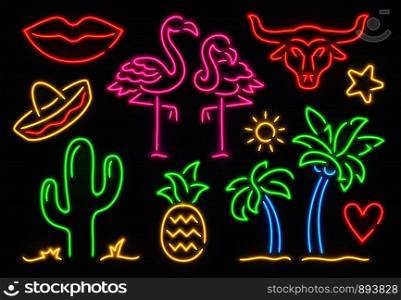 Retro fashion neon sign. Glowing fluorescent cactus, pink flamingo and bull signs lighting design. Bright palm lights, sombrero woman lips and pineapple for bar decoration vector isolated icon set. Retro fashion neon sign. Glowing fluorescent cactus, pink flamingo and bull signs. Bright palm, sombrero and pineapple vector set