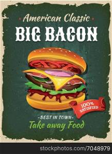 Retro Fast Food Bacon Burger Poster. Illustration of a design vintage and grunge textured poster, with big bacon burger icon, for fast food snack and takeaway menu