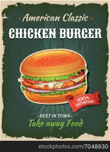 Retro Fast Food Chicken burger Poster. Illustration of a design vintage and grunge textured poster, with chicken burger icon, for fast food snack and takeaway menu