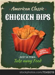 Retro Fast Food Chicken Dips Poster. Illustration of a design vintage and grunge textured poster, with appetizing dips of fried chicken, for fast food snack and takeaway menu