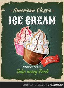 Retro Fast Food Ice Cream Poster. Illustration of a design vintage and grunge textured poster, with ice cream desserts and sweets, for fast food snack and takeaway menu