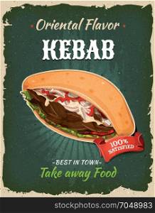 Retro Fast Food Kebab Sandwich Poster. Illustration of a design vintage and grunge textured poster, with oriental kebab sandwich specialty, for fast food snack and takeaway menu
