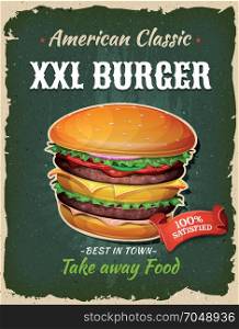 Retro Fast Food King Size Burger Poster. Illustration of a design vintage and grunge textured poster, with big giant burger icon, for fast food snack and takeaway menu