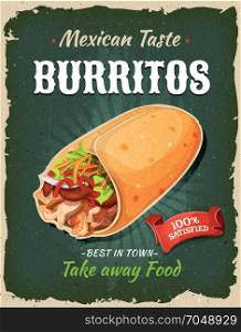 Retro Fast Food Mexican Burritos Poster. Illustration of a design vintage and grunge textured poster, with appetizing mexican burritos, for fast food snack and takeaway menu