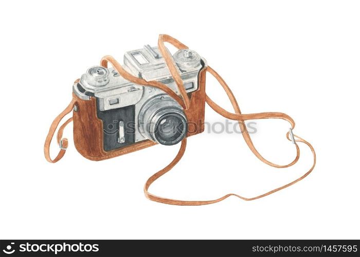 Retro film photo camera isolated on white. Hand drawn watercolor illustration. camera in brown leather case with strap. For prints, posters, logo, web. Retro film photo camera isolated on white. Hand drawn watercolor illustration.