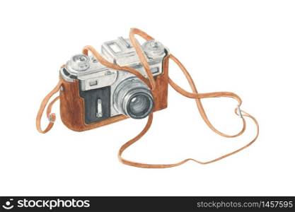 Retro film photo camera isolated on white. Hand drawn watercolor illustration. camera in brown leather case with strap. For prints, posters, logo, web. Retro film photo camera isolated on white. Hand drawn watercolor illustration.