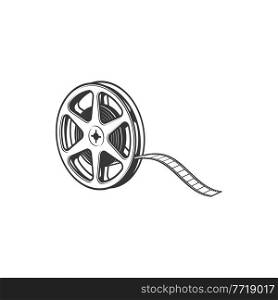 Retro film reel isolated multimedia video tape monochrome icon. Vector documentary footage spool with negative reel in circle, cinematography coil, multimedia. Filmstrip, photo and video tape in roll. Film reel with cinema tape retro video record