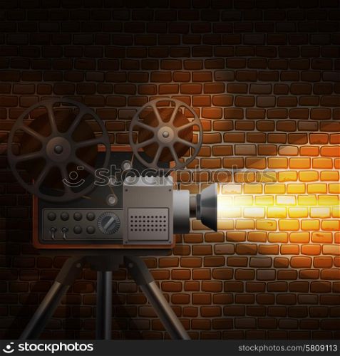 Retro film wallpaper with realistic projector and spotlight on brick wall background vector illustration. Retro Film Background