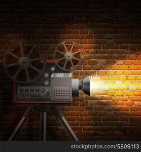 Retro film wallpaper with realistic projector and spotlight on brick wall background vector illustration. Retro Film Background