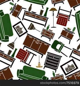 Retro flat interior design elements and pieces of furniture seamless pattern with green sofas, chairs, orange armchairs, wooden chests of drawers and nightstands with vases, lamps and pictures over white background. Retro flat household furniture seamless pattern
