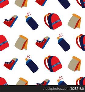 Retro flat seamless pattern with backpack, spray paint, lunch and shoes. Hand drawing education collection. Cartoon style. Vector doodle print design.. Retro flat seamless pattern with backpack, spray paint, lunch and shoes.
