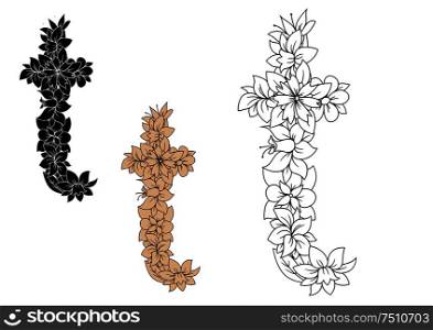 Retro floral alphabet font of lowercase letter t, adorned by flowers and leaves in black, brown and outline colorless style. For greeting card or monogram design. Retro floral lowercase letter t