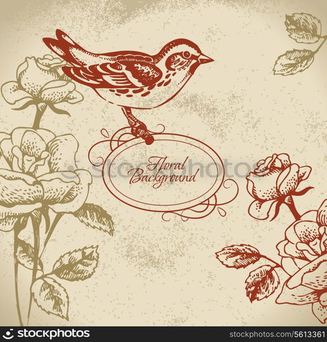 Retro floral background with bird