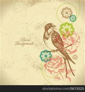 Retro floral background with bird