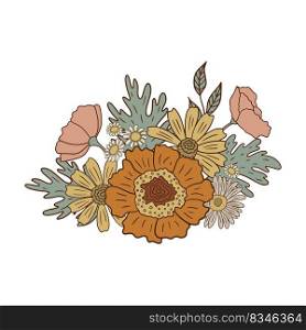 Retro floral composition in 60s-70s style isolated on white background. Vector illustration with botanical elements.