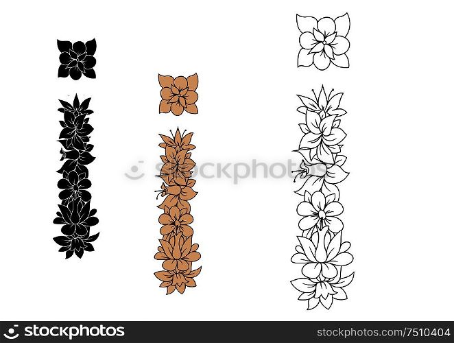 Retro floral letter i, composed with outline flowers and leaves, for romantic font design. Isolated on white
