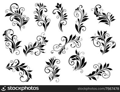 Retro floral motifs and foliate retro vintage vignettes set isolated on white background
