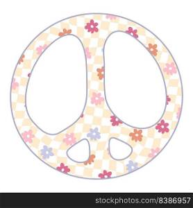 Retro floral peace symbol in 1970s hippie aesthetic style. Perfect for poster, stickers and print. Hand drawn isolated vector illustration for decor and design.