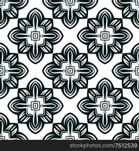 Retro floral seamless pattern with abstract geometric green flowers on white background, for textile or wallpaper design. Retro green flowers seamless pattern