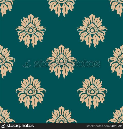 Retro floral seamless pattern with beige embellishments and green background