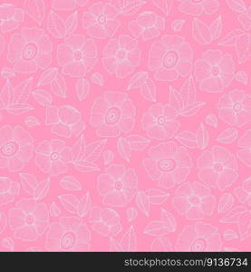 Retro floral seamless pattern with openwork groovy daisy flower on pink background. Vector Illustration. Aesthetic modern art linear hand drawn for wallpaper, design, textile, packaging, decor