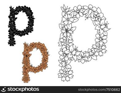 Retro floral small letter p decorated by flowers, buds and sappy foliage in outline colorless, black and brown variations. Retro floral small letter p