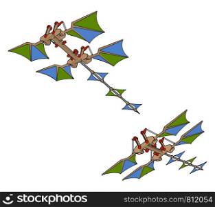 Retro flying kite machines, illustration, vector on white background.