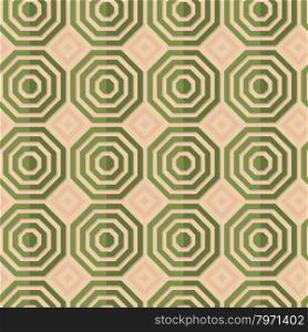 Retro fold green striped octagons.Abstract geometrical ornament. Pattern with effect of folded paper with realistic shadow. Vintage colored simple shapes on textured background.
