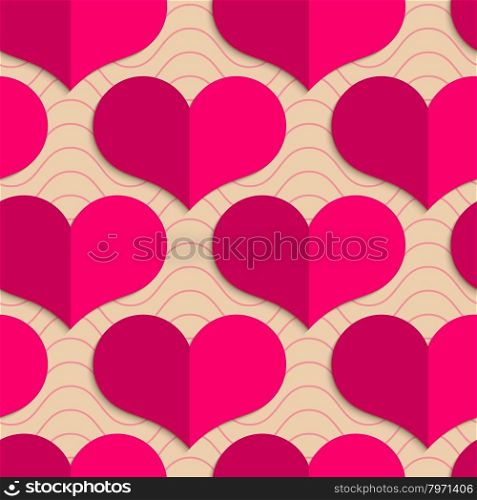 Retro fold pink hearts on waves.Abstract geometrical ornament. Pattern with effect of folded paper with realistic shadow. Vintage colored simple shapes on textured background.