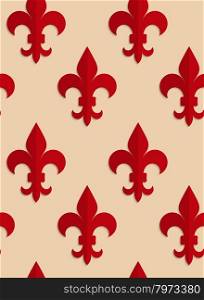 Retro fold red Fleur-de-lis.Abstract geometrical ornament. Pattern with effect of folded paper with realistic shadow. Vintage colored simple shapes on textured background.