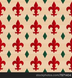 Retro fold red Fleur-de-lis and green diamonds.Abstract geometrical ornament. Pattern with effect of folded paper with realistic shadow. Vintage colored simple shapes on textured background.