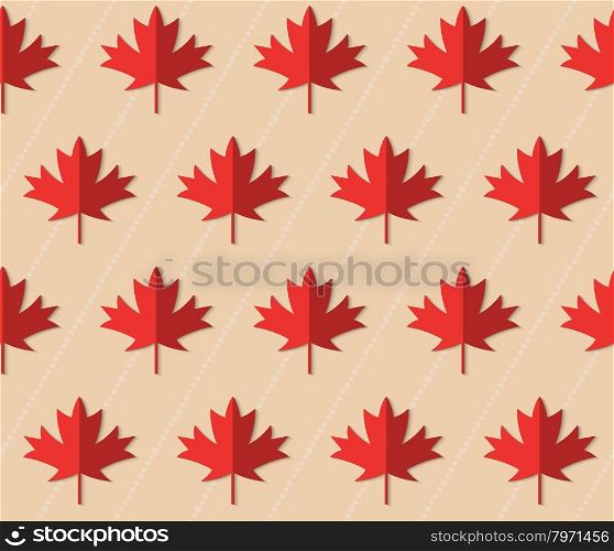 Retro fold red maple leaves on diagonal dots.Abstract geometrical ornament. Pattern with effect of folded paper with realistic shadow. Vintage colored simple shapes on textured background.
