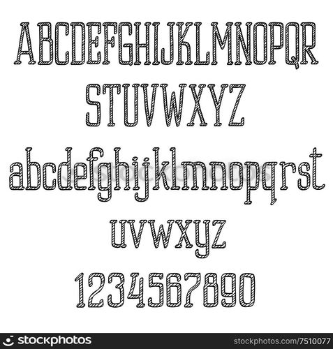 Retro font alphabet and numbers with hatched uppercase and lowercase ...