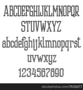 Retro font alphabet and numbers with hatched uppercase and lowercase letters. Sketch style. Retro font alphabet and numbers in sketch style
