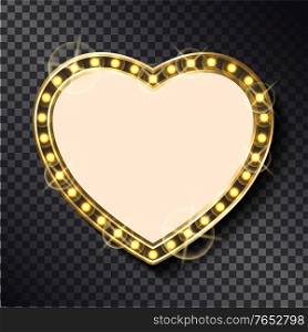 Retro frame with copy space vector, vintage empty banner isolated on transparent background. Romantic heart shape for text filling, flat style icon. Heart Shaped Empty Banner with Lights Bulbs Vector