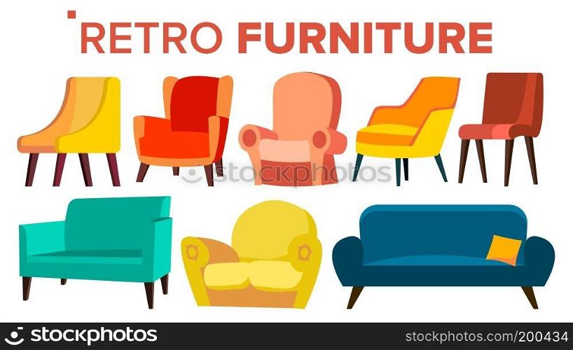 Retro Furniture Vector. Vintage 1950s, 1960s Armchair Sofa. Mid Century Interior. Isolated Cartoon Illustration